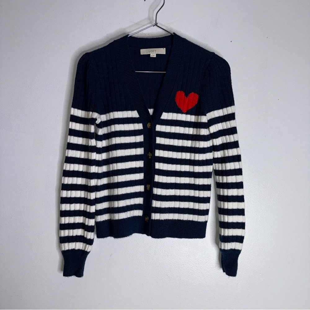 LOFT‎ Heart Puff Sleeve Striped Blue White V-Neck Cardigan - Navy - Size XS CP